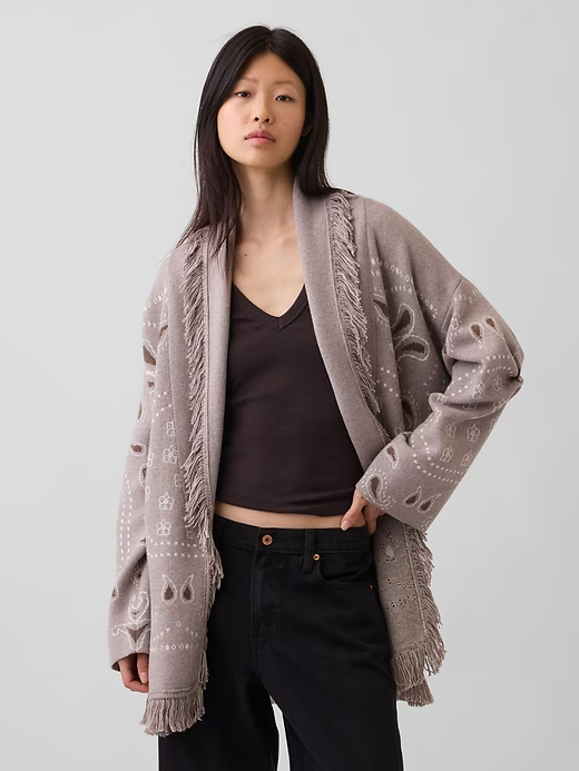 Cotton-Blend Fringe Shawl Cardigan